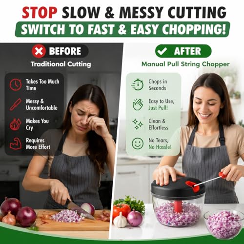 Image of Manual Pull String Vegetable Chopper for Kitchen | Strong Rope Onion Cutter, Garlic & Veg Cutter | Durable Hand Pull Food Chopper with Stainless Steel Blades