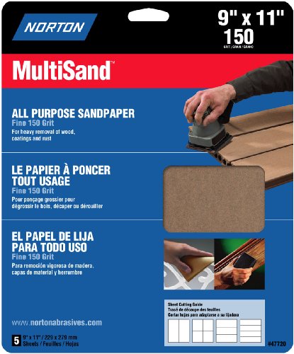 Norton 47720 Multi-Sand Sandpaper 150 Grit, 9-Inch x 11-Inch, 5-Pack