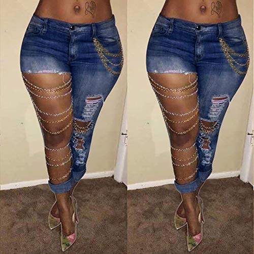 Womens Fashion Skinny Jeans High Waist Ripped Baggy Jeans Holes Distressed Plus Size Sexy Boyfriend Chain Pendant Stretchy (Blue Large)2