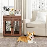 VOWNER Hundekäfig Möbel Indoor, 3 Türen Holz Hundebox mit Schublade, Moderne Hundehütte als Beistelltisch, 60 x 80 x 69 cm für kleine/mittelgroße Hunde Zuhause unter 30 kg, Walnussbraun