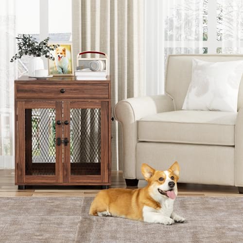 VOWNER Hundekäfig Möbel Indoor, 3 Türen Holz Hundebox mit Schublade, Moderne Hundehütte als Beistelltisch, 60 x 80 x 69 cm für kleine/mittelgroße Hunde Zuhause unter 30 kg, Walnussbraun