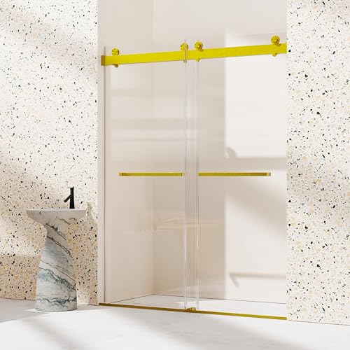 Image of Findepot 56-60 inch W x 76 inch H Frameless Double Sliding Soft-Close Glass Shower Doors with 3 /8 inch(10mm) SGCC Clear Tempered Glass, Brushed Gold