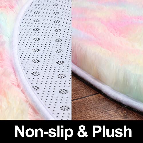 Onasar Unicorn Cute Rug For Girls Bedroom Decor 4Ft, Rainbow Fluffy Round Rug For Kids Room, Kawaii Furry Carpet For Nursery, Soft Area Rug For Play Room, Pastel Colorful Rug For Living Room #TOP2