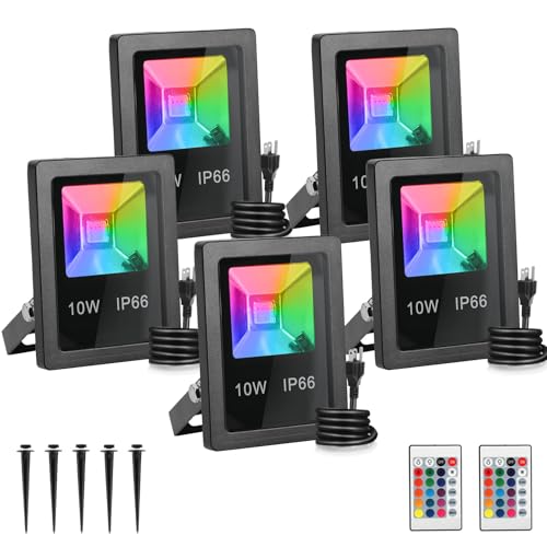 T-SUN Christmas Led Mini Flood Light Outdoor, 10W RGB Color Changing Waterproof Security Lights, with US Plug, Remote Control Spotlight for Garden Backyard Garage Decorative Stage Landscape (5 Pack)