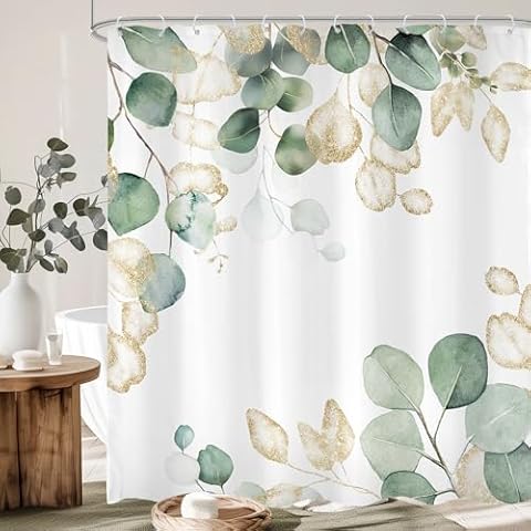 Omifly Eucalyptus Shower Curtain 72Wx72H Inch Green Leaves Gold Watercolor Plant Nature Botanical Leaf Floral Bathroom Set with 12 Plastic Hooks Fabric Waterproof Toilet Accessories Decor Cover