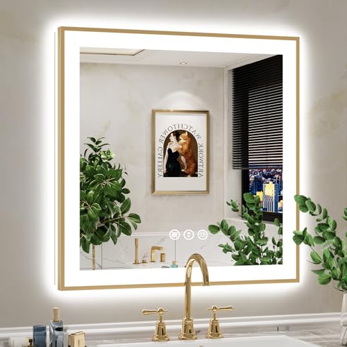 Image of 30x30 LED Bathroom Mirror with Lights, Gold Framed Lighted Mirror | Backlit and Front light, Anti-Fog, 3 Color Dimmable, Memory, Tempered Glass, IP54 Waterproof, UL Listed