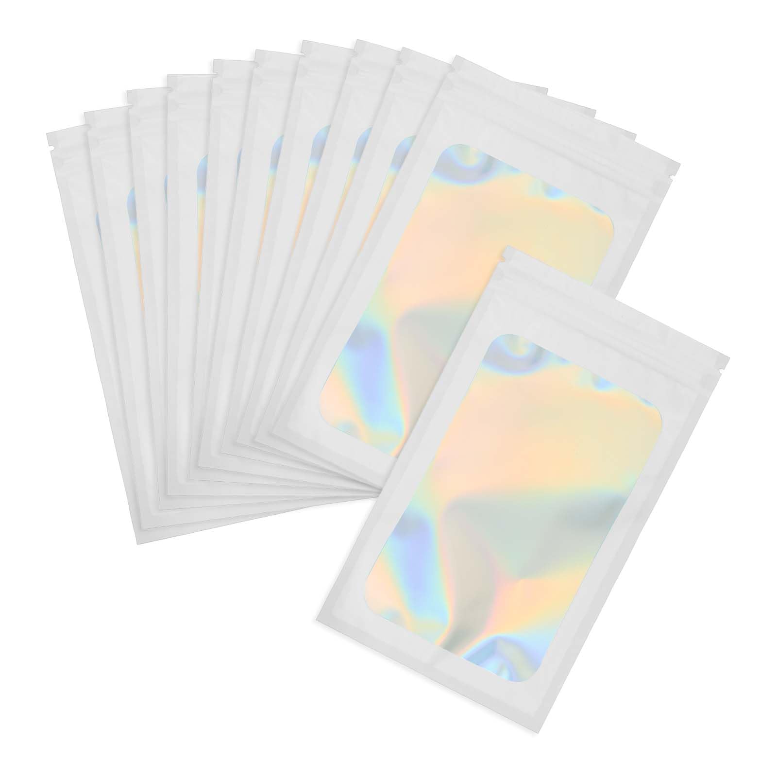 PATIKIL 5 x 8 Inch Holographic Packaging Bags, 100 Pcs Clear Window Resealable Food Storage Smell Proof Foil Pouch Bag for Small Business Party Favor Candy Jewelry, White