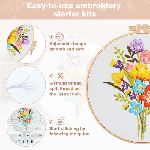Image of RidaaFri Embroidery Kit for Beginners, Set of 3 Flower Pattern DIY Kits for Adults & Starter, Hand Embroidery Practice Set with Guide & Video Tutorial, Includes Hoop, Needles, Floss