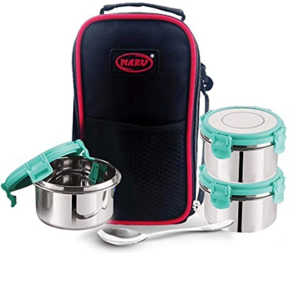 MARU Stainless Steel Lunch Box Set of 3 (250ml*2 + 350ml) Leakproof Tiffin with Insulated Bag for Kids & Adults, Perfect for School & Office Use. Multi-Container Compartments for Foods & Snacks