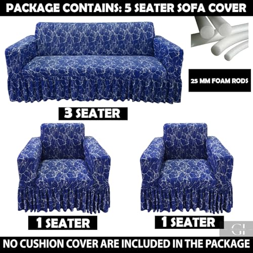 Image of Gifts Island Sofa Cover Set Marble Design 5 Seater Fully Covered Universal Polycotton Spandex with 360 Frill Non-Slip Sticky Elastic Stretchable Sofa Slipcover for Livingroom (Royal Blue)