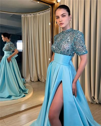 Fair Lady Sequin Prom Dresses for Women 2025 Sparkly Half Sleeves High Neck A Line Satin Formal Evening Ball Gowns with Slit - Image 7
