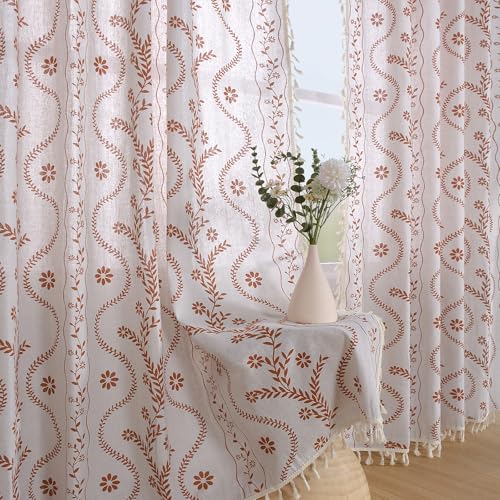 Image of Schweek Boho Floral 63 Inches Long Semi Sheer Curtains 2 Panels for Bedroom | Semi Sheer Linen Rustic Floral, Vintage Farmhouse Farmhouse Vintage Printed Window Curtain for Bedroom, Kitchen 52 inchx 63 inch