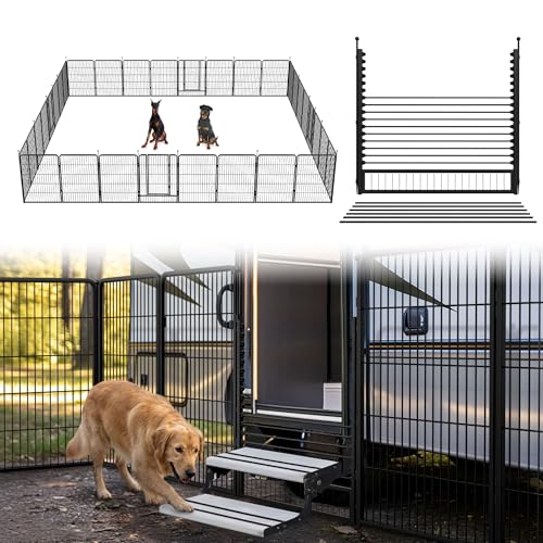 Image of FXW Instant Dog Playpen with RV Step Grid for RV Camping, 40 inch H, 32 Panels | Quick-Setup & Heavy-Duty Play Yard, Helps Close Stair Gaps, Fits 32 inch RV Step Opening, For Medium & Large Dogs, Patented
