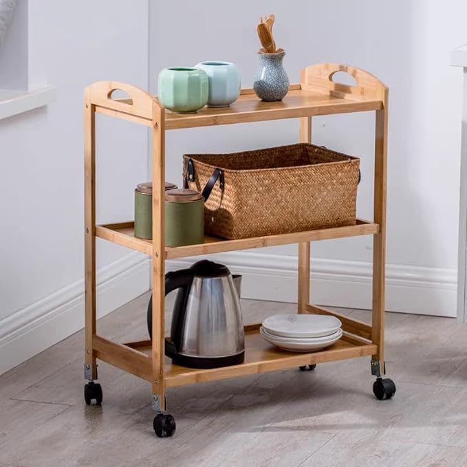 JOHN'SDECOR Bamboo Kitchen Trolley 3 Tier Serving Cart Bamboo Serving Trolley Kitchen Storage Rack with Wheels Kitchen Island Trolley Catering Storage Cart for Kitchen Restaurant Hotel