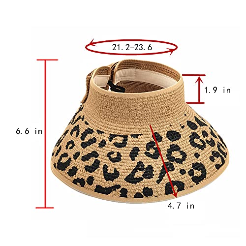 LABANCA Girls Leopard Sun Visor UPF 50+ UV Protection Wide Brim Beach Sun Visor Hat Braided Straw Roll-up Summer Hat3