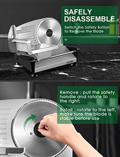 AICOK Meat Slicer Electric Deli & Food Slicer with 7.5\" Removable Stainless Steel Blade, Adjustable Thickness Dial(0-15mm) Cuts Meat, Cheese, Bread, Include Food Pusher and Non-Slip Feet For Home Use