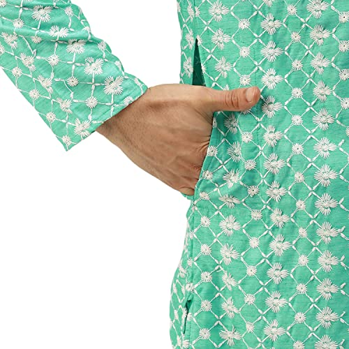 Image of SOJANYA (Since 1958 Men's Silk Blend Light Green Kurta & Nehrujacket with White Pyjama Combo