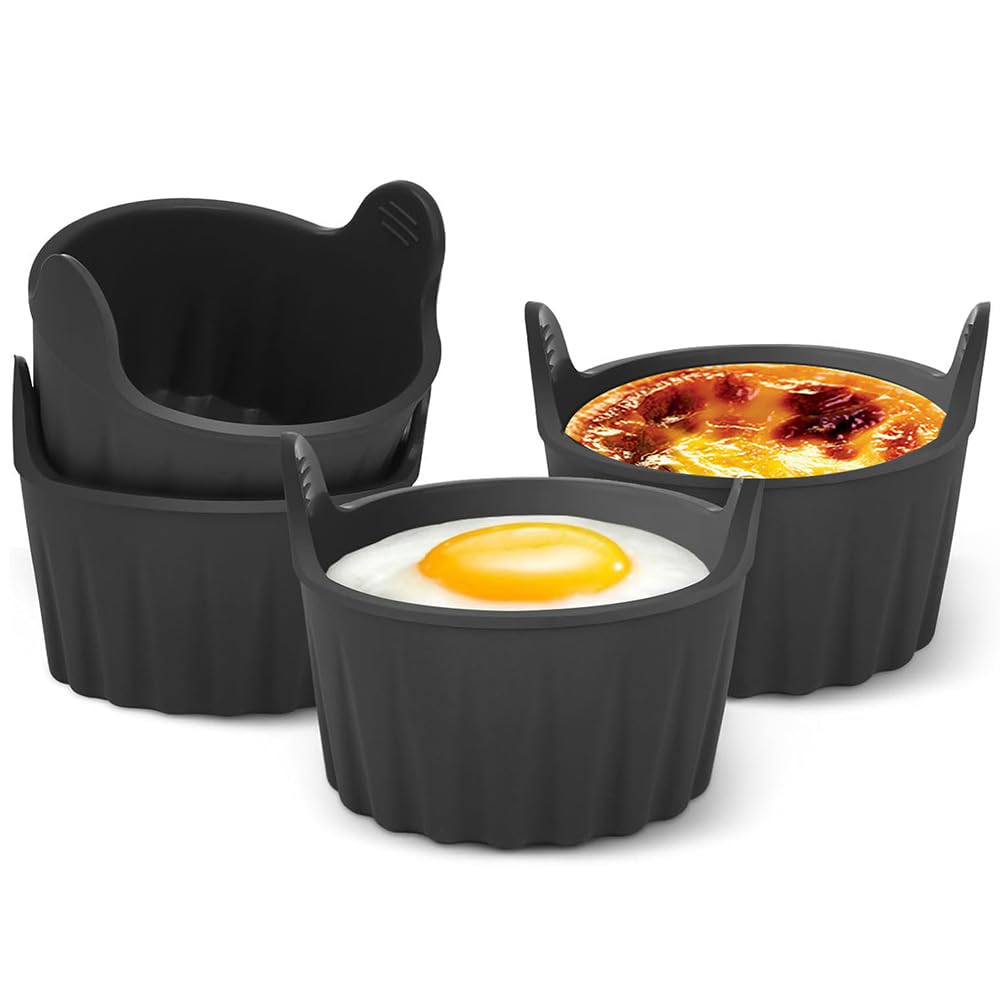 Guoxintech 4 Pcs Air Fryer Egg Poacher, Food Grade Silicone Round Egg Poacher Moulds, Black, Suitable for Microwave and Oven