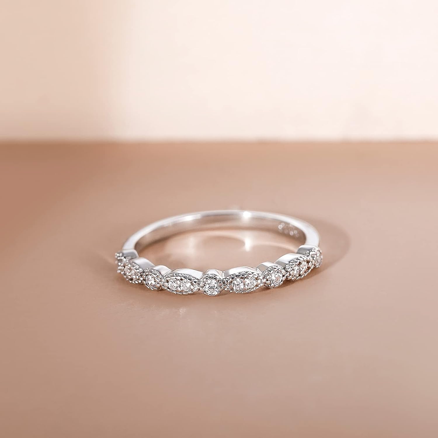 EAMTI 925 Sterling Silver Wedding Band for Women Cubic Zirconia Marquise & Round Milgrain Half Eternity Stackable Ring Size 5-10 - Image 2