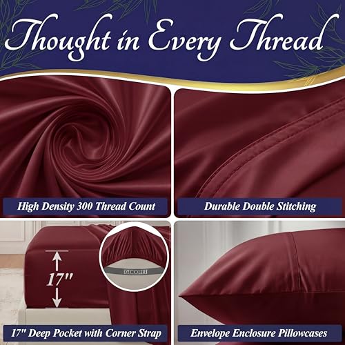 Image of DECOLURE 100% Viscose Derived from Bamboo Sheets Full Size - Luxury 4 Pc Naturally Cooling Sheets, Ultra Soft Bed Set - Deep 17 inch Pockets, Durable Double Stitching, Oeko Tex Standard (Burgundy)
