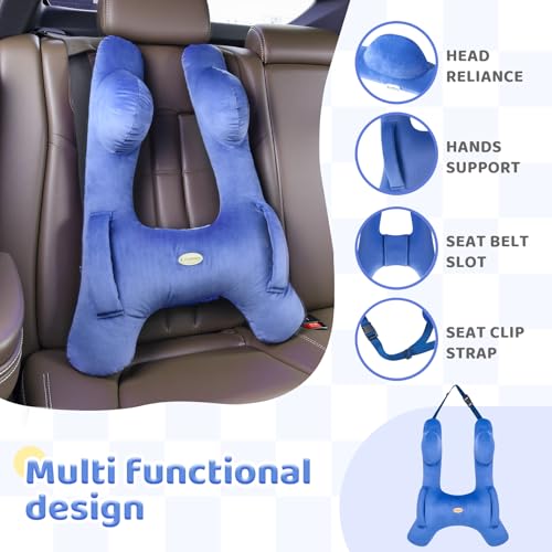 Image of FLORICH Kids Travel Pillow, Car Sleeping Travel Pillow for Kids, Washable H-Shaped Pillow for Adults and Children to Support Head and Body for Road Trips Pillow for Car (Blue)
