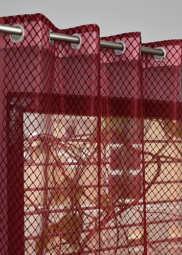 Image of Sheer Net Semi Transparent Home Decor Curtains for Living Room, Balcony Doors and Windows Panel, Parda, Eyelets Hanging, Maroon Red, 4 x 6 Feet, Pack of 2