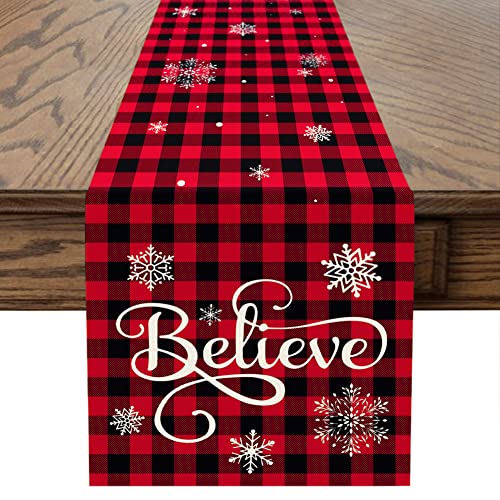 Sungeek Camino de Mesa Navidad de Lino, Camino Mesa Temático de Navideño de Acción de Granja Decoración de Mesa de Comedor de Cocina, 30 x 180 cm (Copo de Nieve Believe) Cover