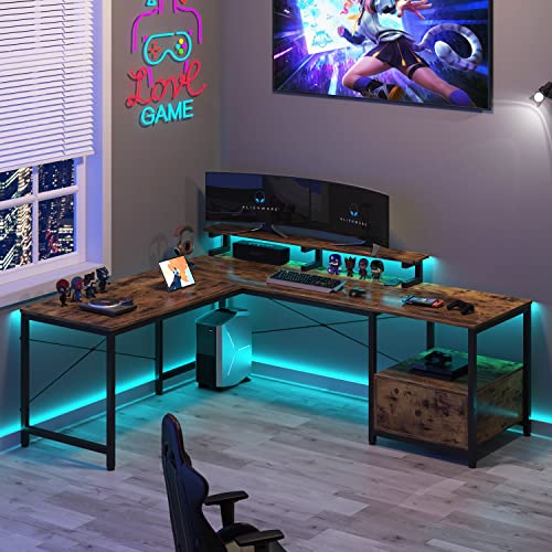 L Shaped Computer Desk With Drawers, Corner Gaming Desk With Monitor Stand, Computer Desk Home Office Desk With Storage Shelves, 2 Person Desk With Printer Space, Easy To Assemble, Rustic Brown #TOP1