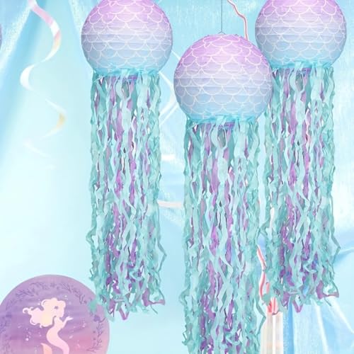 Image of Wanna Party Set of 3 Blue Pink Hanging Jellyfish Paper Lanterns - Under The Sea Party & Mermaid Birthday Decorations, Baby Shower, Nautical Events, Ocean Theme Classroom & Beach Room Decor