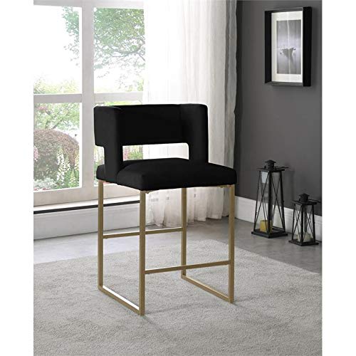 Meridian Furniture Caleb Collection Modern | Contemporary Counter Height Stool With Unique Square Back And Sturdy Iron Legs, Set Of 2, Black Velvet, 19.5" W X 20.5" D X 36" H #TOP2