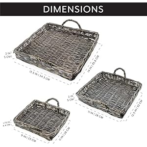 AuldHome Design Rustic Willow Basket Trays Set of 3 Square Gray Washed Natural Wicker Decorative Farmhouse Trays