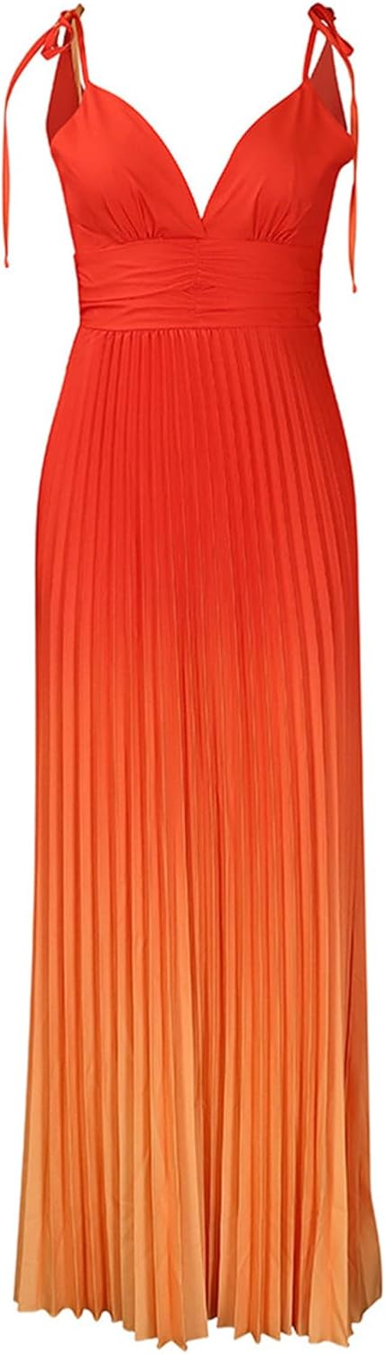 Women's Lace-up Plisse Maxi Dress Gradient Color Backless Sleeveless V-Neck Elegant Beach Dress Pool