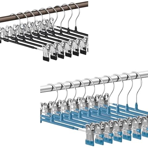 Pants Hangers with Clips for Women Black 20 Pack and Blue 10 Pack Adjustable Heavy Duty Space Saving Skirt Hangers Non-Slip Trousers, Jeans Clothes,12Inch Cover