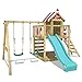 WICKEY Parco giochi in legno Smart Candy Giochi da giardino con altalena e scivolo turchese, Casetta da gioco per l'arrampicata con sabbiera e scala di risalita per bambini