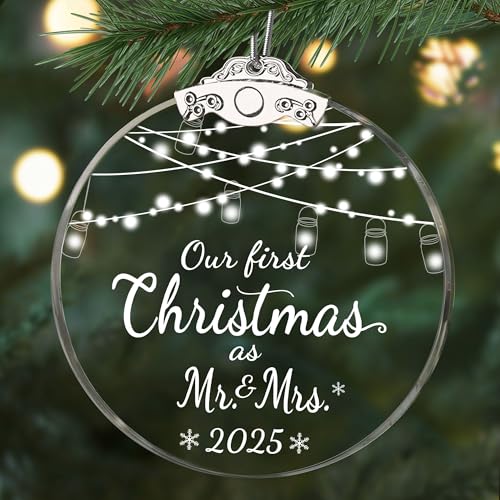 Wedding Gifts for Couples 2025, Mr and Mrs Gifts, First Christmas Married Ornament 2025, Bridal Shower Gift, Just Married Gift for Newlywed Couple Bride, Glass Wedding Ornament