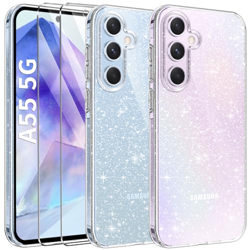 AROYI 3 in 1 Clear Glitter Case for Samsung Galaxy A55 5G Case with 2 Tempered Glass Screen Protector, Soft Bumper Anti-Scratch Sparkle Bling Women Girls Samsung Galaxy A55 Phone Case Cover