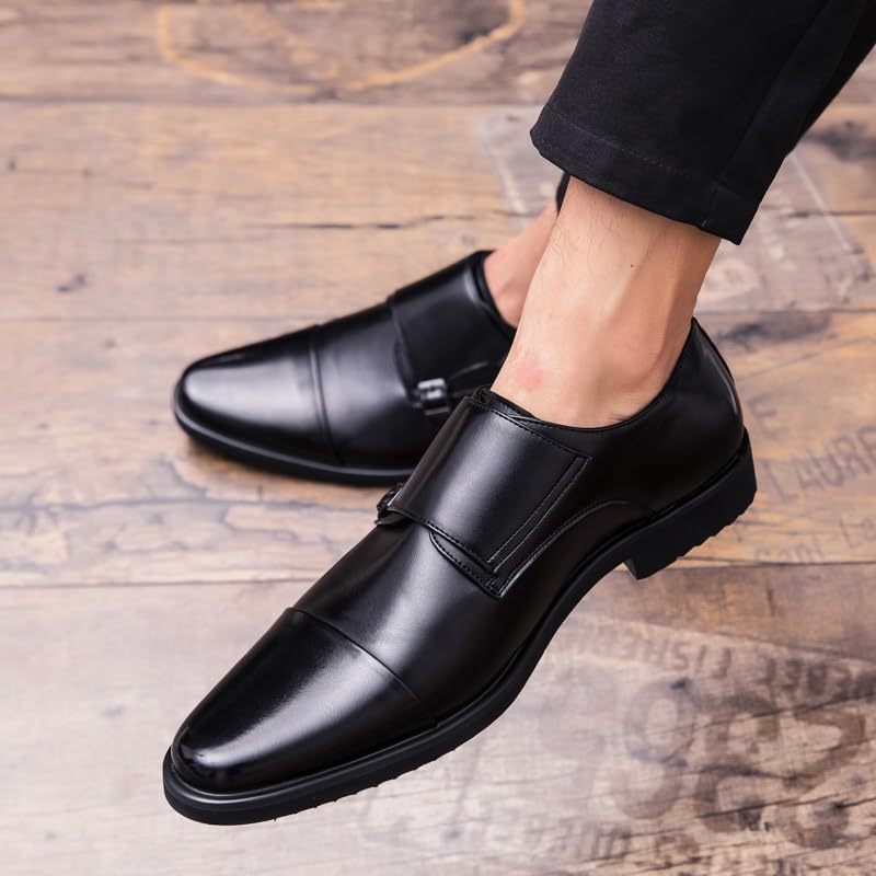 TAYGUM Formal Shoes Dress Oxford for Men Slip On Round Burnished Toe Double Monk Strap Cap Toe Oxford Shoes Non Slip Block Heel Low Top Slip Resistant(Black,9)2