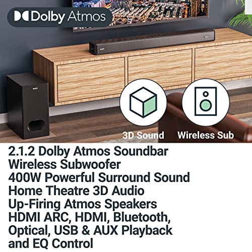 MAJORITY Sierra Plus | Dolby Atmos 2.1.2 Bluetooth Soundbar with Wireless Subwoofer | 400W Up-Firing Surround Sound System For 3D Audio Home Theatre | USB, AUX, Optical, RCA & 3x HDMI | Custom EQ - Image 3