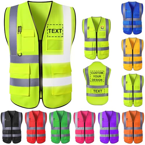 YAEILOV Custom Safety Vest for Men High Visibility Protective Workwear 5 Pockets With Reflective Strip Personalized Your Text/Logo/Image Safety Accessories for Outdoor Works(Fluorescent green,L)