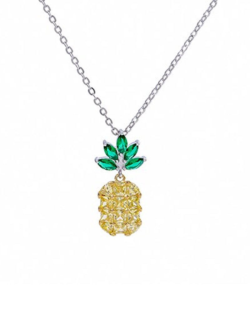 Sterling Silver Cubic Zirconia Tropical Fruit Yellow Pineapple Pendant Necklace For Women, Girls