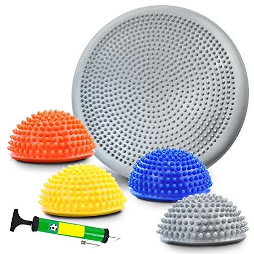 AutSport Balance Disc kit with Pump, Include 1 Balance disc, 4 Hedgehog pods, Body Core Balance Training, Push-up Training Pad, Stability Wobble Cushion with Inflating, Wiggle Seat for Kidâ€™s Sensory