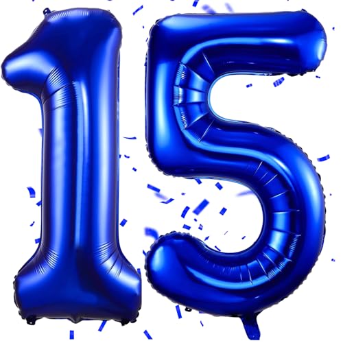 EWODEIEW Ballon gonflable en forme de chiffre 15, bleu, de 100 cm, bleu foncé, ballon en aluminium avec chiffre 15, ballon en aluminium, décoration d'anniversaire pour filles et garçons
