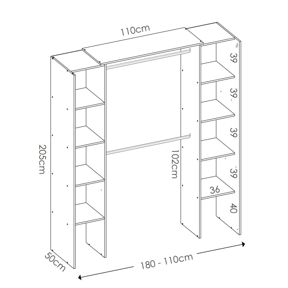 SPOGLIATOIO con Tende BASTET - Bianco Armadio Aperto con 2 colonne e Tenda. 2 aste Appendiabiti. 10 scaffali. Misure Regolabili.