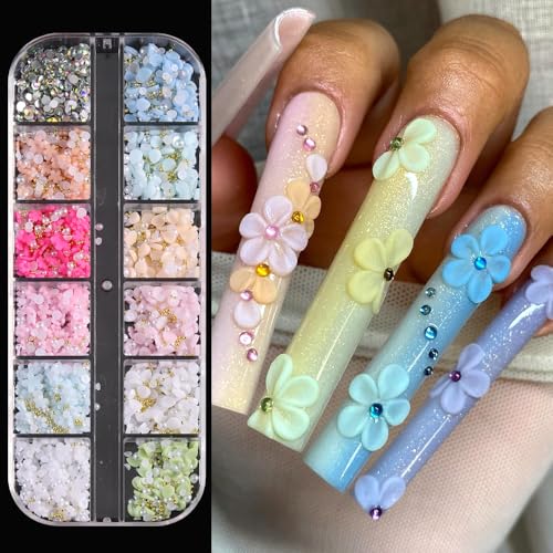 3D Flower Nail Charms Colorful Acrylic Flower Petals Floral Blossom Nail Decorations with Caviar Beads and Flatback Pearls Rhinestones for Nail Art DIY Manicure Jewel Accessories