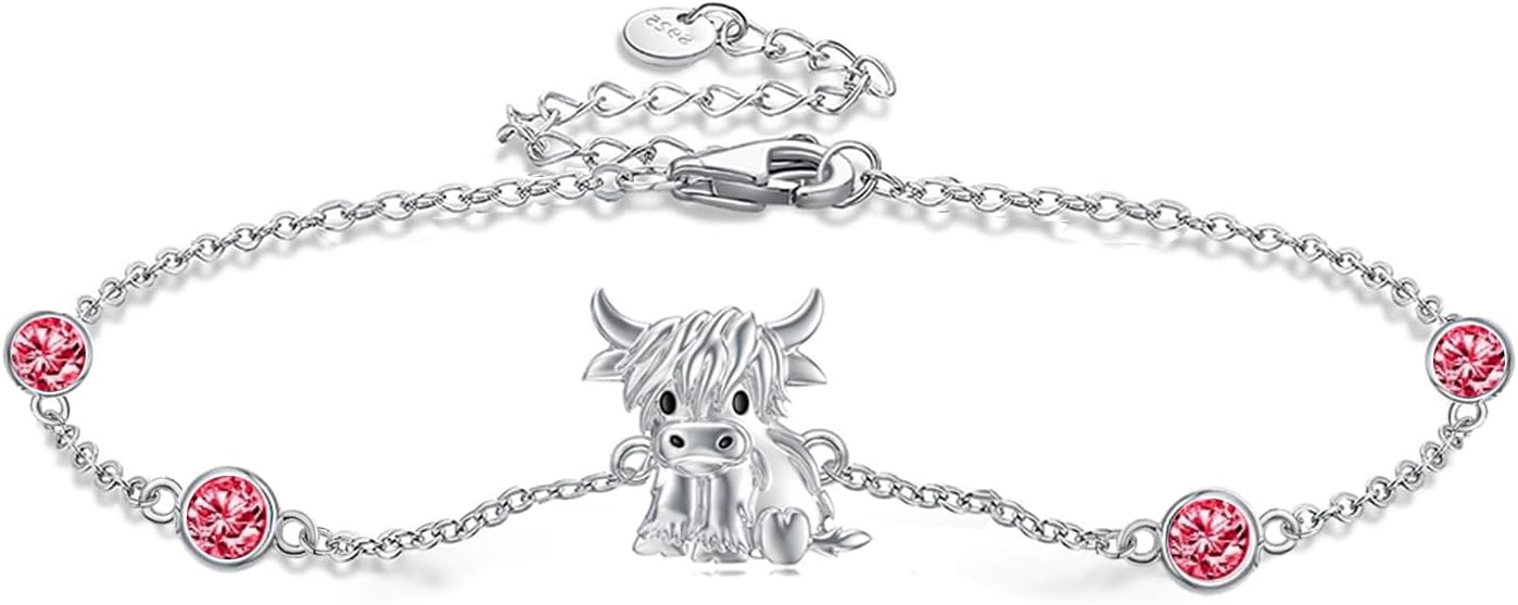 Birthstone Highland Cow Bracelet 925 Sterling Silver Scotland Cow Link Bracelet Western Jewelry Gifts for Women Mom Cow Lover