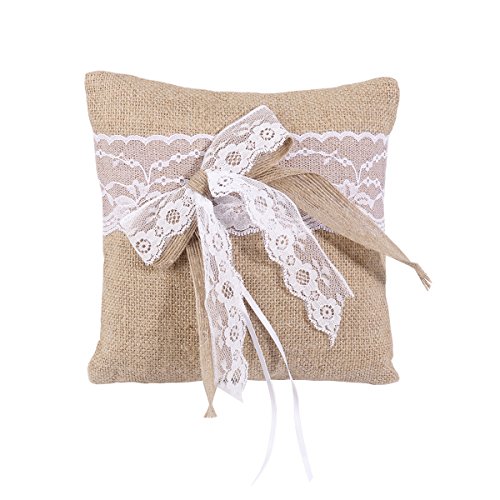 VORCOOL Coussin de Bague de Mariage Nuptiale en Toile de Jute 20 x 20cm