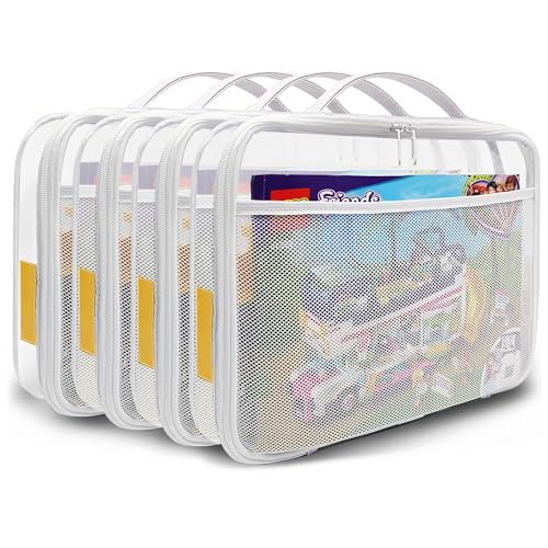 holay 4 Packs PVC Zippered Blocks Set, Toy, Clay, Board game Storage Organizer Case (Name Tag, Manual Pocket) (White, Large)
