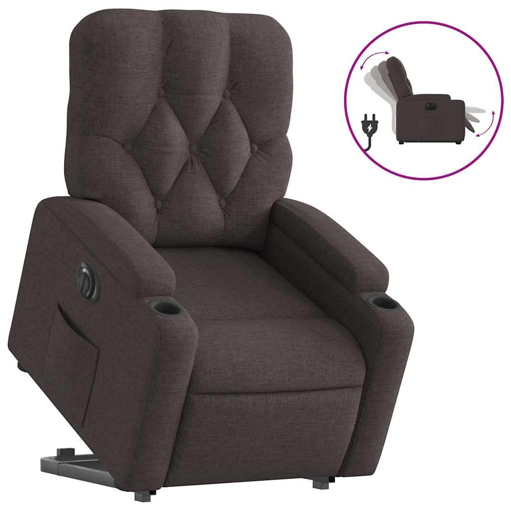 Sillón elevador eléctrico reclinable de tela marrón oscuro con motor para elevación y función reclinable automática a 135 grados, cómodo y estable