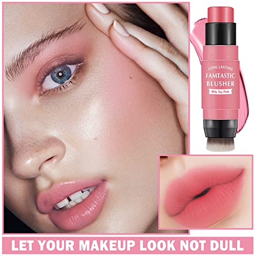 Cream Blush Stick With Brush,Waterproof Blush Makeup,Long Lasting 3 In 1 Cheek Blush & Lip Tint & Eye Shadow Makeup Stick,Easy To Use Blends Effortlessly,Cream Blush Makeup For All Skin Tones - Cherry Pink #TOP6