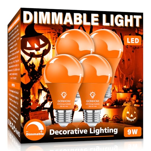 4 Pack A19 LED Orange Light Bulb,9 Watt Orange Lights Equivalent 100 Watt Colored Light Bulbs,E26 Base Orange LED Lights for Party Decoration, Holiday Lighting,Halloween Light Bulbs